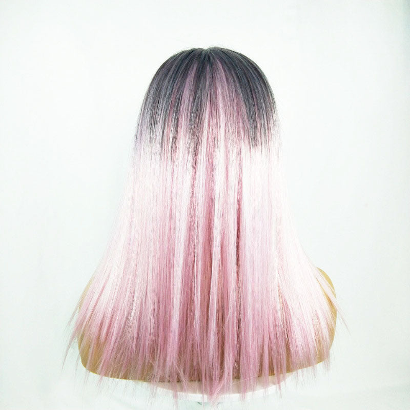 Long Straight Black Gradient LightPink Wig Headgear