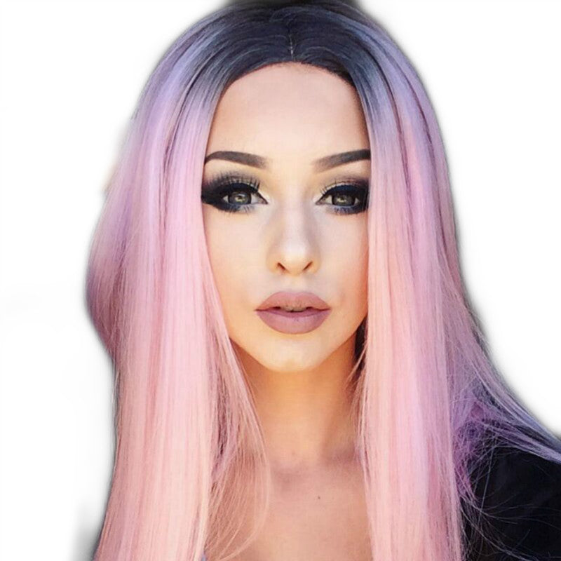 Long Straight Black Gradient LightPink Wig Headgear