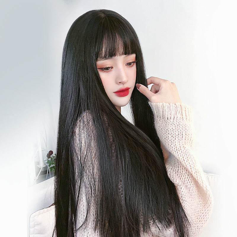 Realistic Natural Full Headgear Net Red Air Bangs Black Long Straight Hair