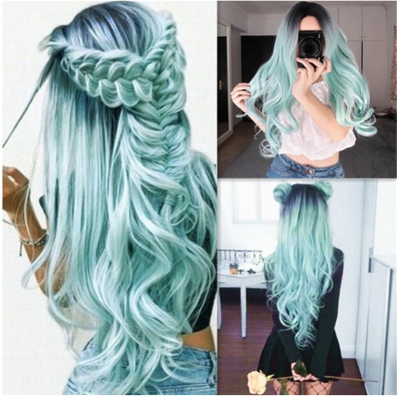 Color Wig Female Harajuku Dyed Long Hair Black Gradient Green