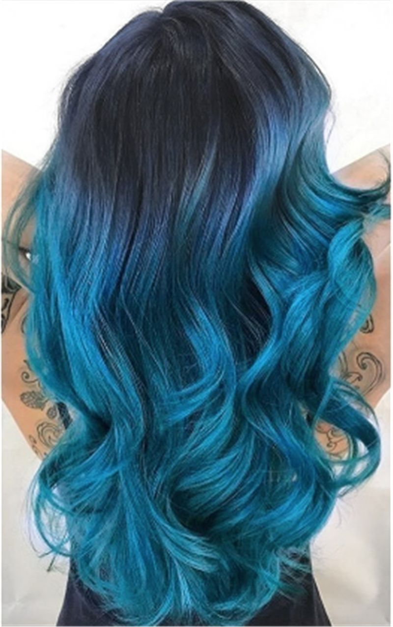 Ladies Black And Blue Gradient Mid-length Curly Hair