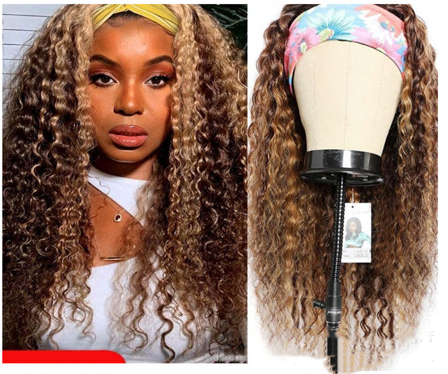 Headband Wig Women's Long Curly Mixed Color Synthetic Hair Set
