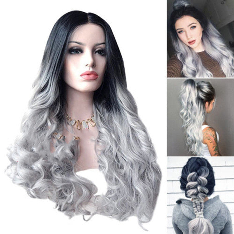 European And American Wig Granny Grey Gradient Medium-Long Volume