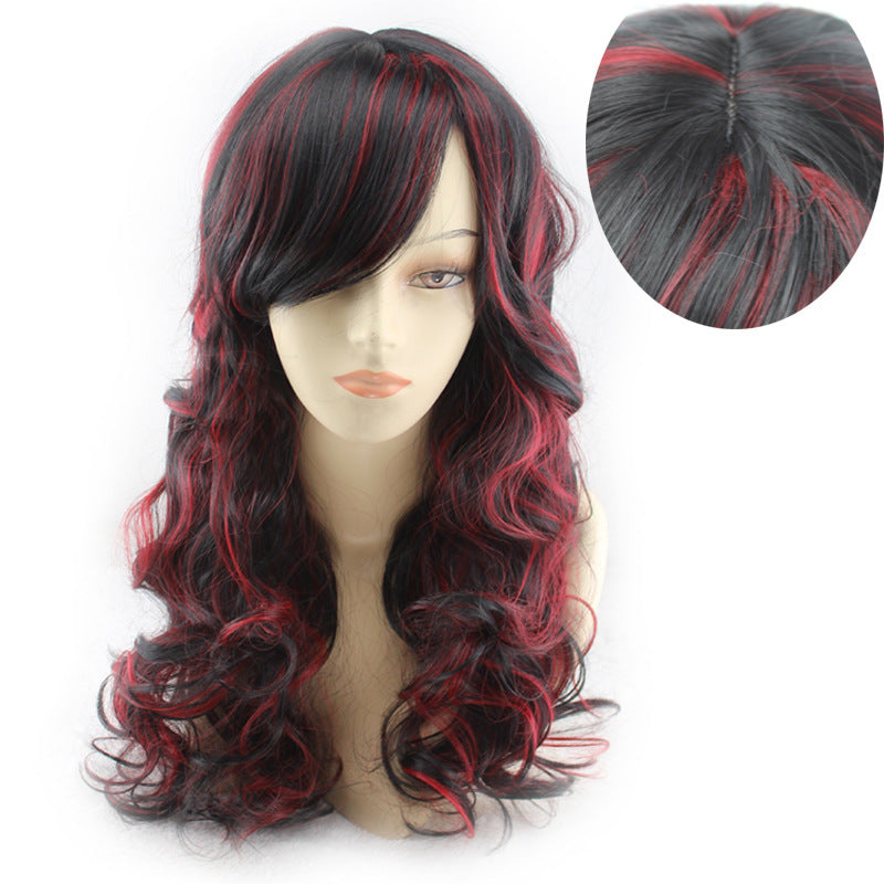 Red Highlighting Brown Oblique Bangs Long Curly Hair