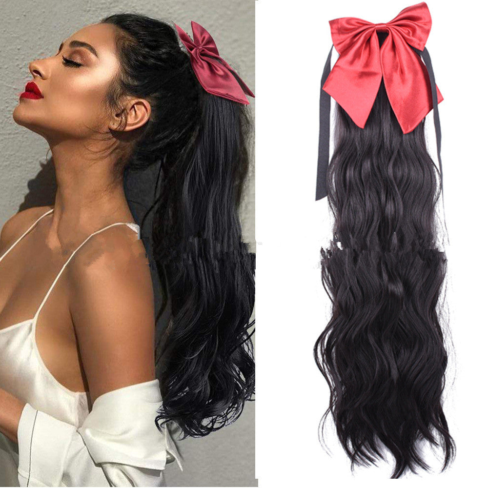 Red Bow Ponytail Wig Women\'s Long Hair Ribbon Wig Ponytail