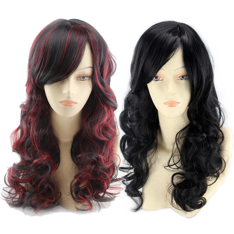 Red Highlighting Brown Oblique Bangs Long Curly Hair