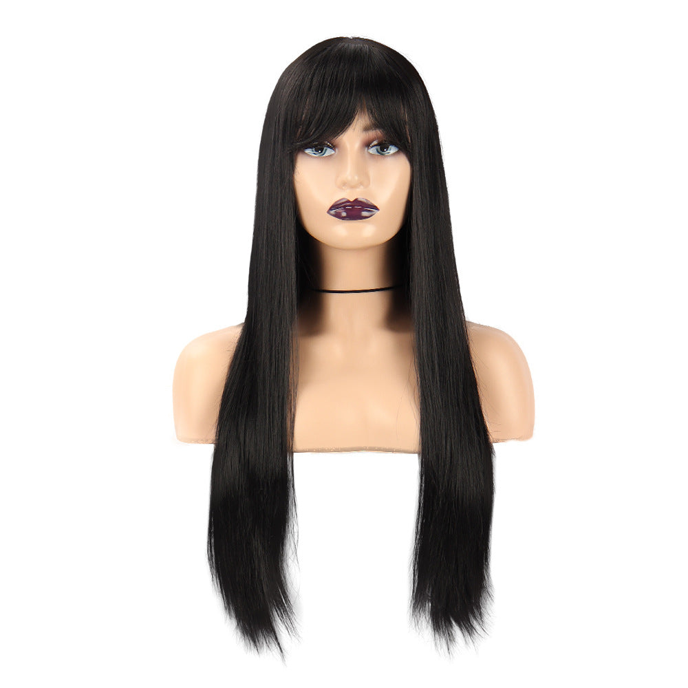 Fashion Ladies Black Long Straight Synthetic Fiber Wig Head Cover