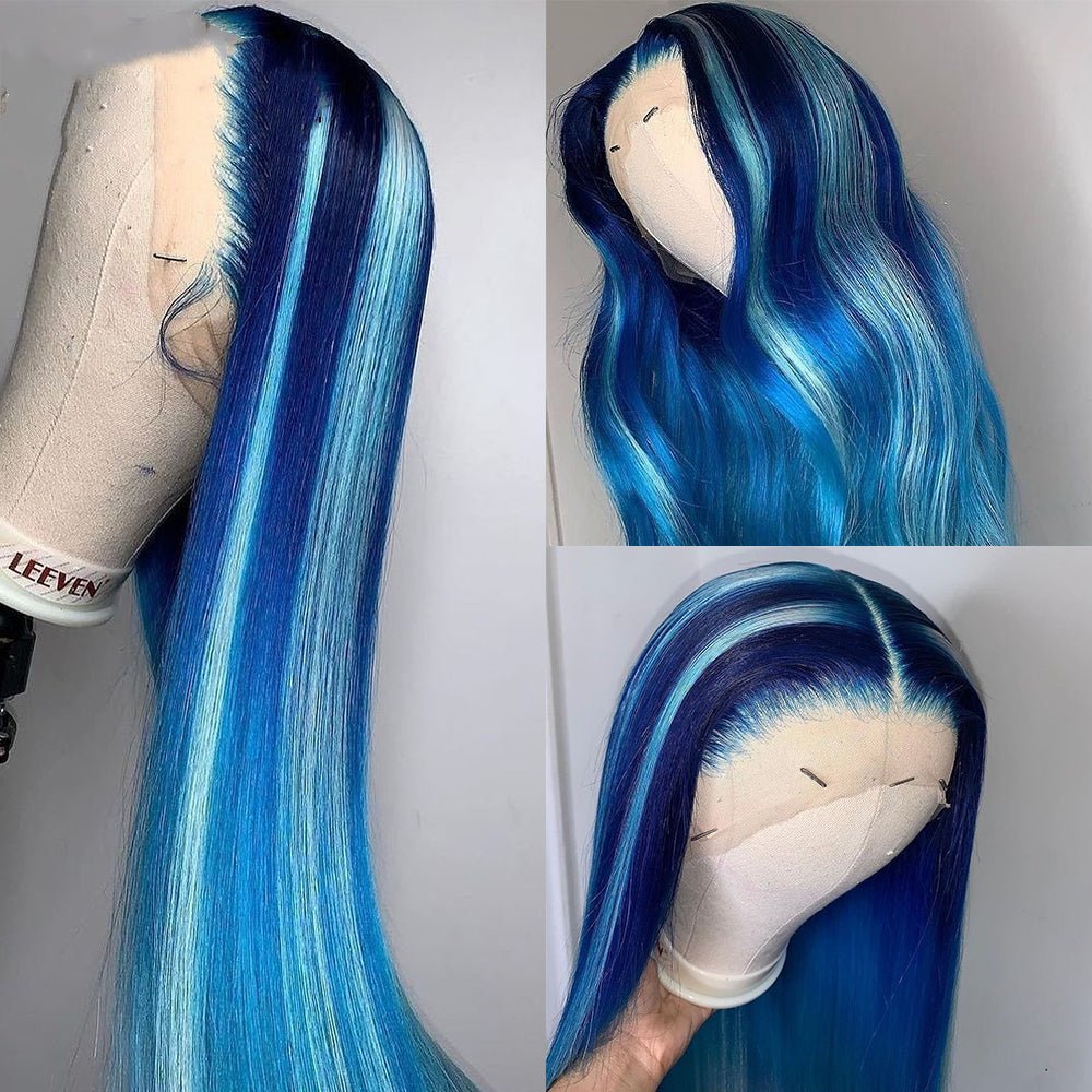 Blue Mixed Color Big Wave Long Curly Wig