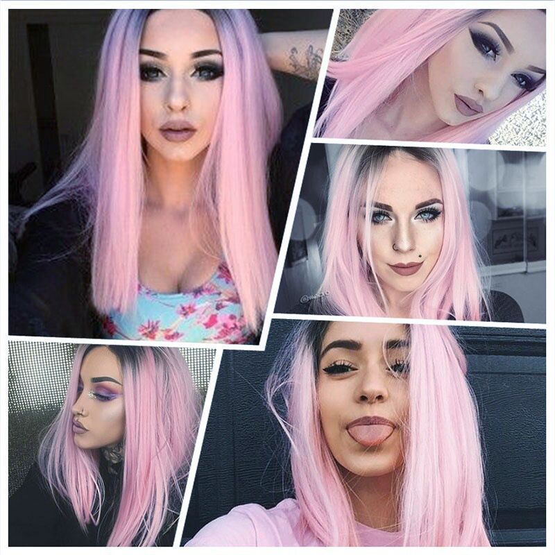 Long Straight Black Gradient LightPink Wig Headgear