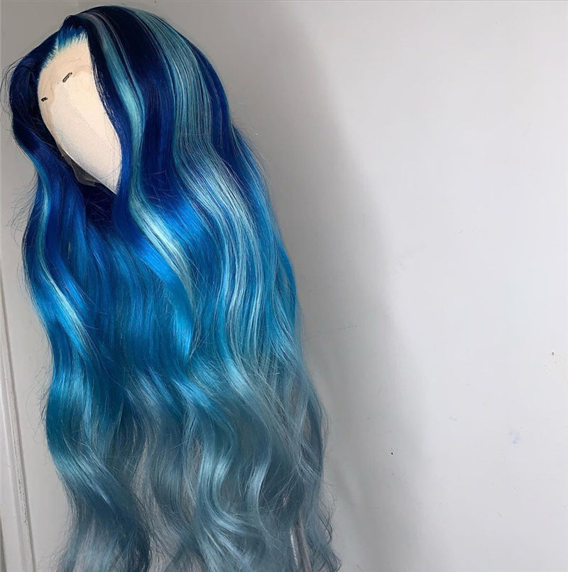 Blue Mixed Color Big Wave Long Curly Wig