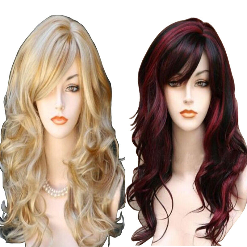 Red Highlighting Brown Oblique Bangs Long Curly Hair